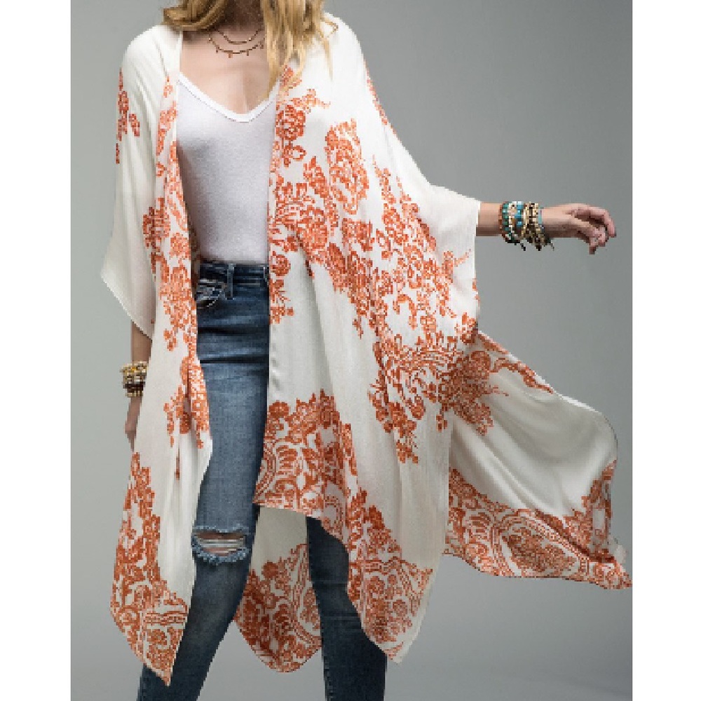 Boho Orange Off White Kimono Swimsuit Coverup Duster Cardigan